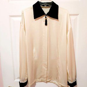 Women's Real Silk Tuxedo Shirt with French Cuffs Beige Ivory Cream Size M Medium